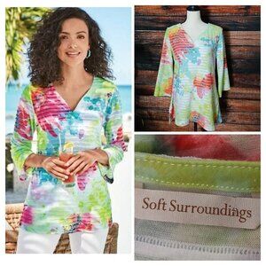 Soft Surroundings Tunic Top Size M Island Punch Watercolor Ribbed 3/4 Sleeve USA